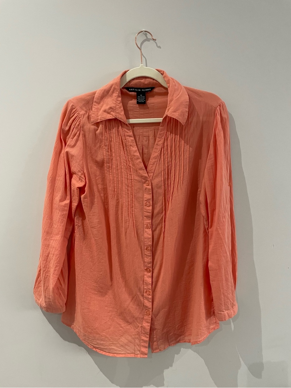 Antilia Femme Coral 100% Cotton Button-Front Pintuck Shirt - Coastal Grandma